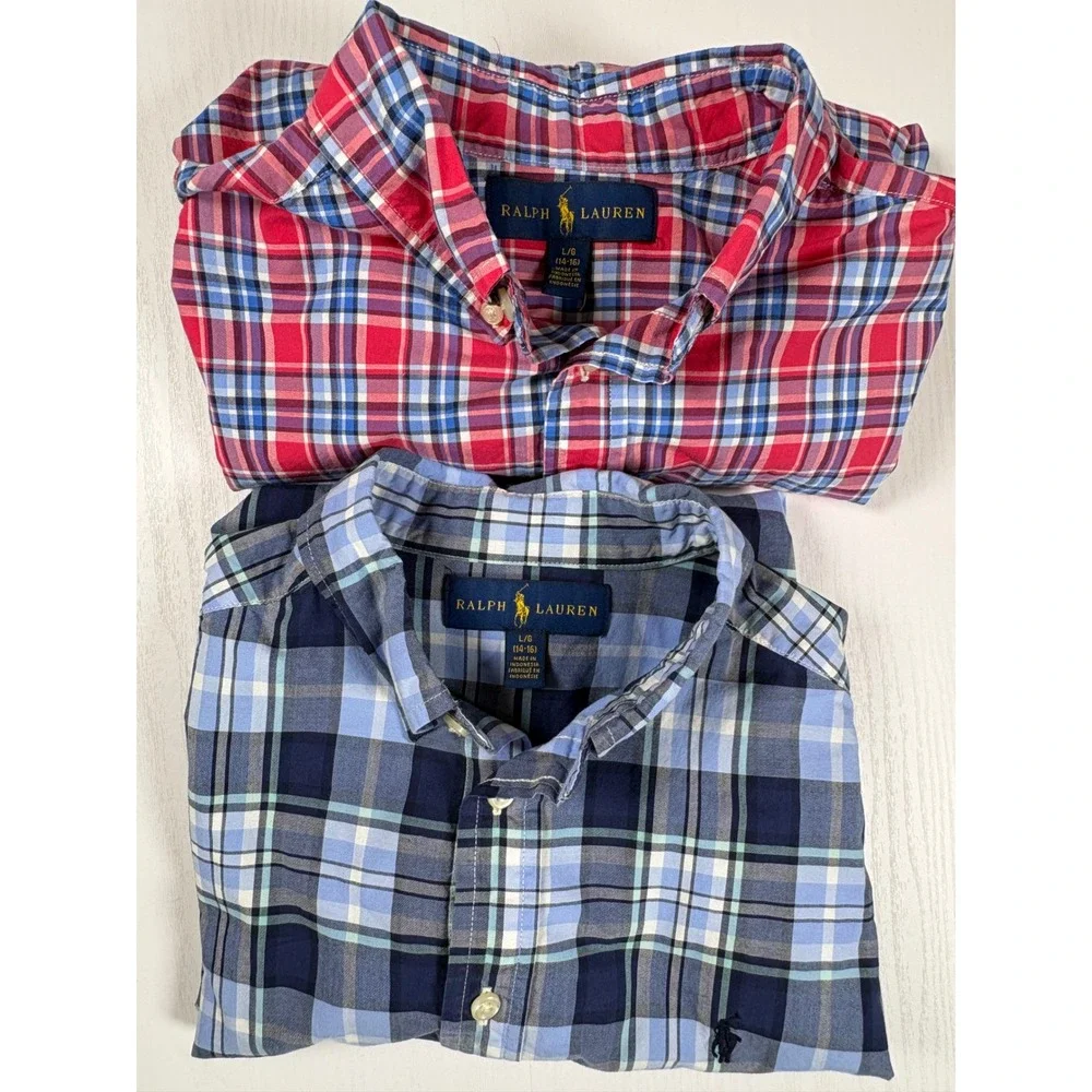 Ralph Lauren Kids Boys Red Blue Plaid Cotton Button Down Shirt Large 14-16 Pony